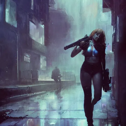 Prompt: bella thorne with gun, hyperrealistic full figure, bladerunner street alley, art of elysium by frank frazetta and by jeremy mann, fantasy art, photo realistic, dynamic lighting, artstation, full figure poster, volumetric lighting, very detailed face, 4 k, award winning