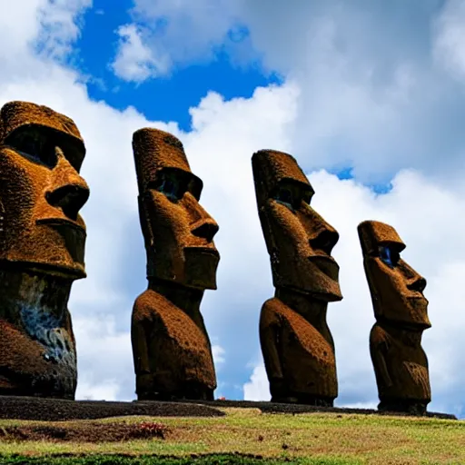 Image similar to 4 k colorful photograph of easter island statues overlooking a prison