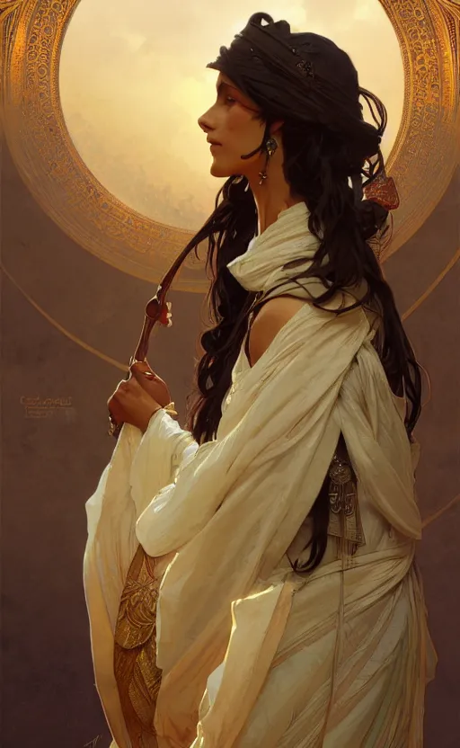 Prompt: a personification of the country Oman, highly detailed, digital painting, artstation, concept art, sharp focus, illustration, art by greg rutkowski and alphonse mucha