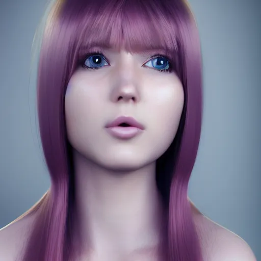 Image similar to A 3d cgi toon young woman with long pink hair, full bangs, amber eyes, pale skin, Chinese, medium shot, mid-shot, soft focus, 4k, trending on artstation