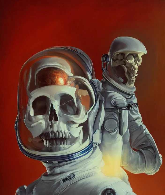 Image similar to a portrait of an astronaut with a skull head standing in front of the entrance to ethereal realm, cinematic and highly detailed oil painting by josep tapiro baro and edward hopper, trending on artstation, oil painting masterpiece, symmetry, mysterious, very aesthetic, cinematic and dramatic red light, 4 k,