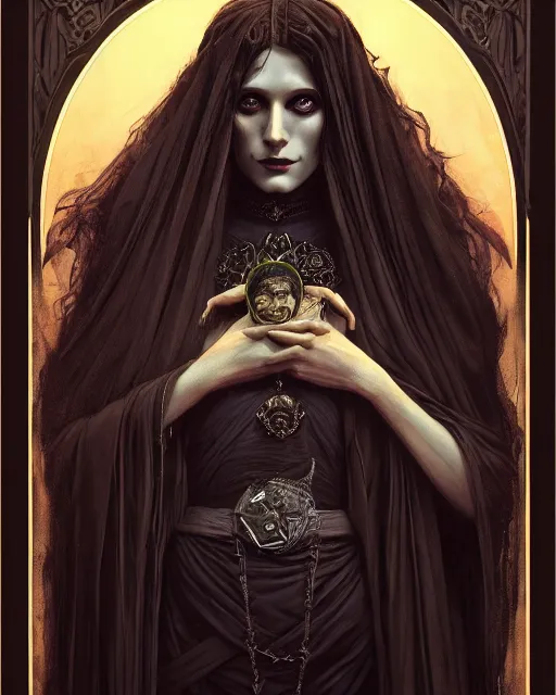 Image similar to a portrait of the Raven Queen, dark magic, illustration, dramatic lighting, soft details, painting oil on canvas, art nouveau, octane render, HDR, 4k, 8k, HD, by Edmund Blair Leighton, Brom, Charlie Bowater, trending on artstation, ,Tom Bagshaw faces by otto Schmidt