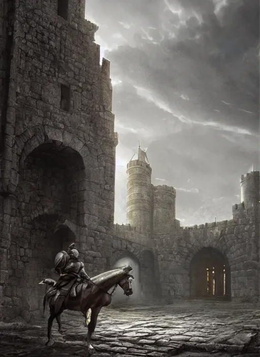 Image similar to knight on his horse standing in front of a huge medieval castle gate, brutalist architecture, dramatic lighting, cinematic, establishing shot, extremly high detail, foto realistic, cinematic lighting, post processed, concept art, artstation, matte painting, style by eddie mendoza, raphael lacoste, alex ross