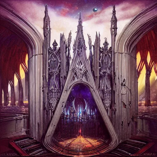 Prompt: pipe organ space opera album cover, style of alan lee, john howe, dramatic lighting, detailed, gothic, ornate