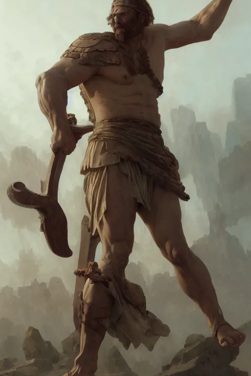 Image similar to ancient historically accurate depiction of the Bible Character Goliath of Gath, the Philistine warrior giant by frank miller, illustration by Ruan Jia and Mandy Jurgens and William-Adolphe Bouguereau, Artgerm, 4k, digital art, surreal, space dandy style, highly detailed, godsend, artstation, digital painting, concept art, smooth, sharp focus, illustration by Ruan Jia and Mandy Jurgens and William-Adolphe Bouguereau, Artgerm