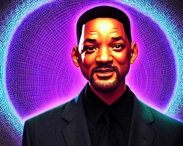 Prompt: portrait of will smith, fractal neon glowing diagram background, intricate purple suit, digital art by artgerm and karol bak