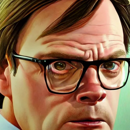 Image similar to close-up of Dwight Schrute in The Office (2005) looking furious, highly detailed, sharp focus, digital painting, artwork by Victor Adame Minguez + Yuumei + Tom Lovell + Sandro Botticelli