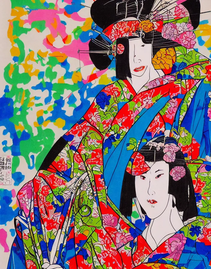 Image similar to ink on paper, a portrait of a geisha wearing a colorful kimono with graffiti tags in front of a tokyo subway, by goyo hashiguchi!!, colorful, xray melting colors!!