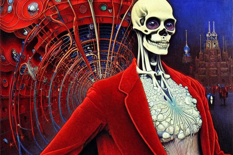 Image similar to realistic detailed closeup portrait painting of a single skeleton wearing red velvet blazer in a crowded futuristic moscow street by Jean Delville, Amano, Yves Tanguy, Alphonse Mucha, Ernst Haeckel, Edward Robert Hughes, Roger Dean, rich moody colours, blue eyes