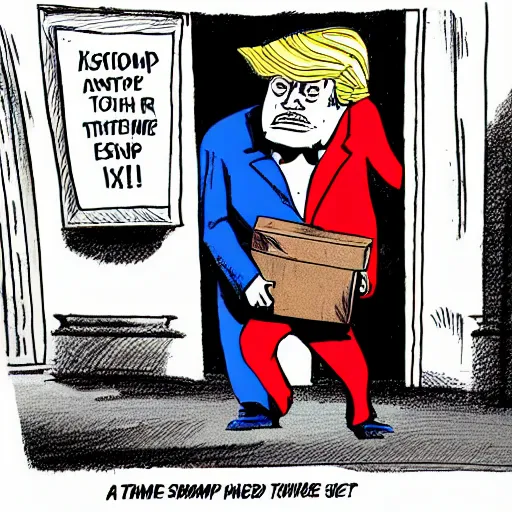 Prompt: trump sneaking out of the white house holding a box labeled top secret, political cartoon by ben garrison