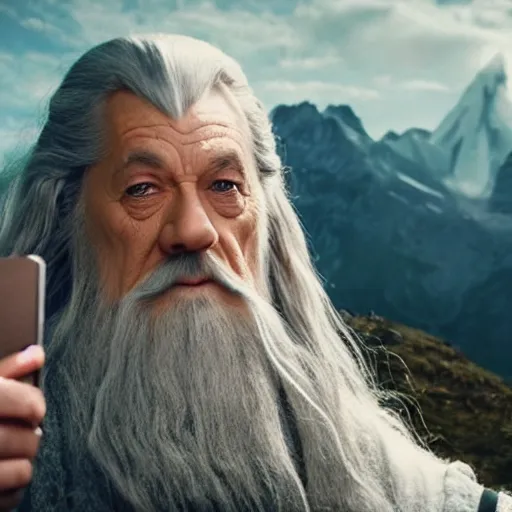 Image similar to Gandalf the Grey confidently taking a Selfie on the mountain, a balrog in the background looming,
