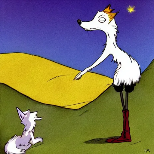 Image similar to the little prince talking to the fox, art by tim burton, corpse bride art style