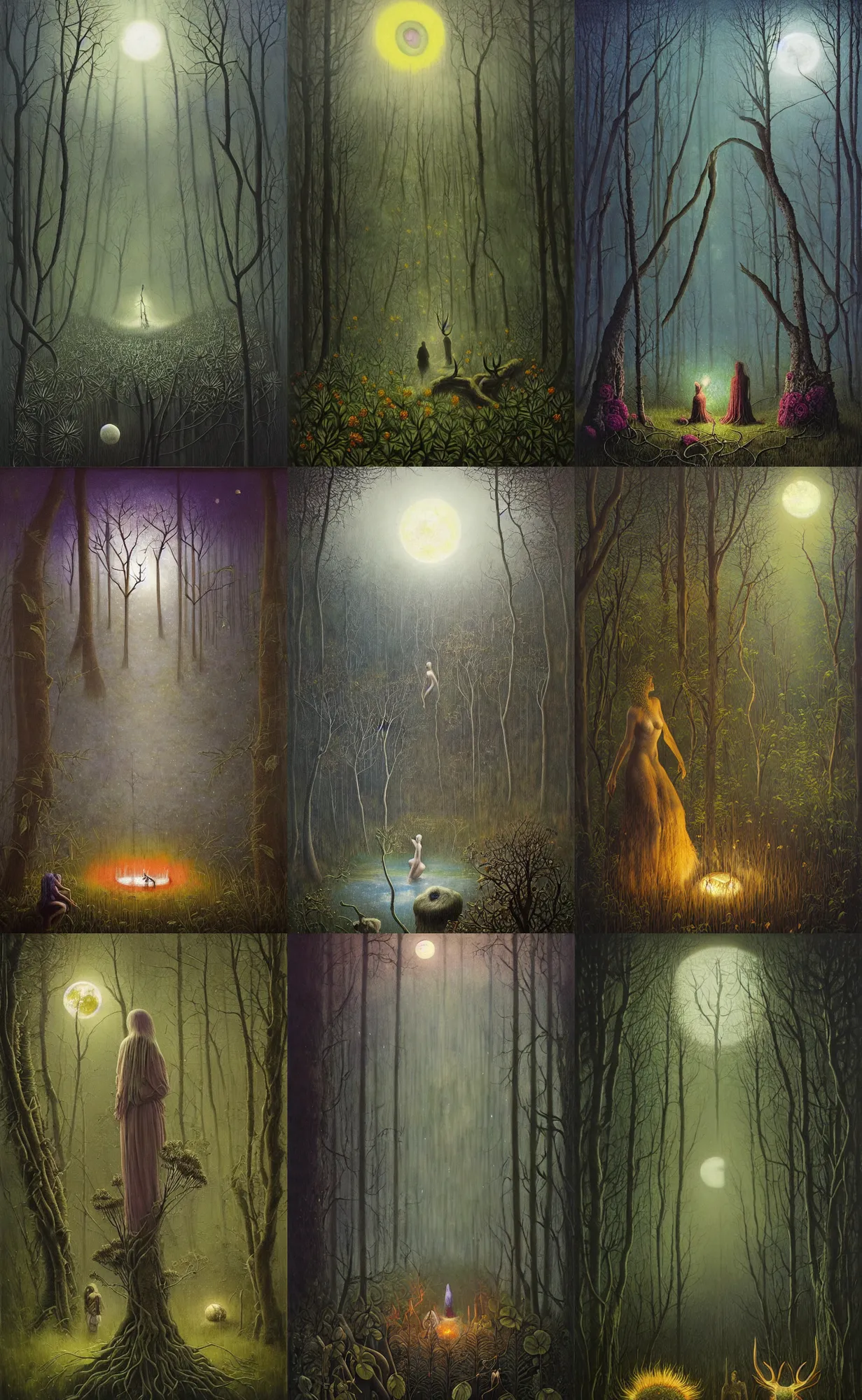 Prompt: painterly dreamy Kupala Night in the forest with trees, giant flowers, glowing owls, deers, women, lianas, thistles, giant fantasy creatures, a stream and sky with moon and stars by Beksinski, Alex Grey, Aron Wiesenfeld and Giger dark fantasy, witcher, very detailed oil painting in the alla prima style, masterpiece, 8k