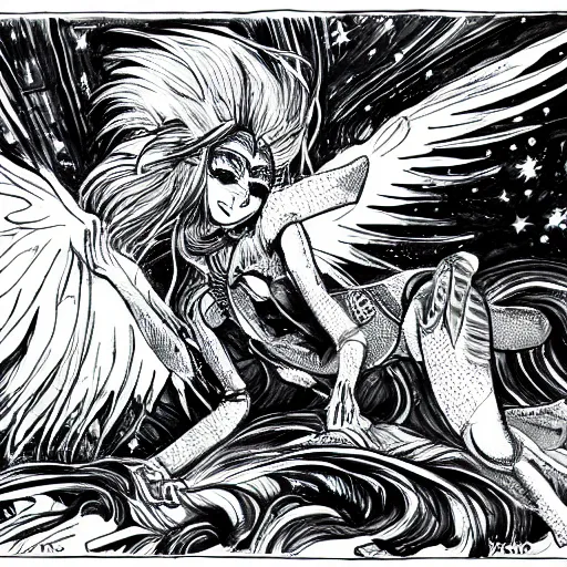 Image similar to winged lioness in outer space, ink on paper, 8k high quality detailed art, trending on art station, manga art, by Eiichiro Oda