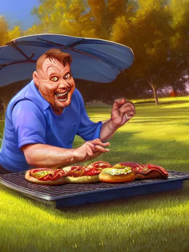 Image similar to a happy middle aged man fliping burgers in the grill on the lawn. intricate, elegant, highly detailed, digital painting, artstation, concept art, sharp focus, illustration, by justin gerard and artgerm, 8 k