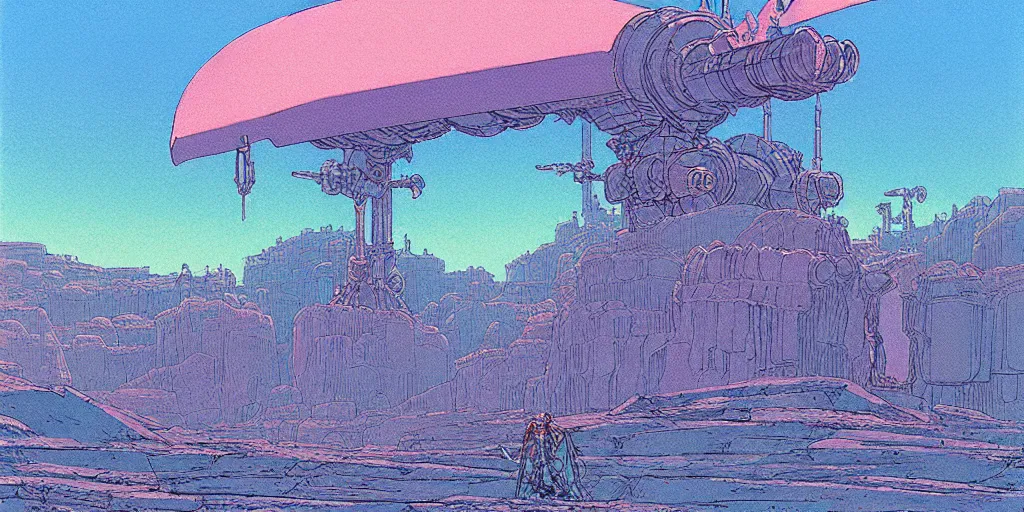 Prompt: grainy risograph matte painting of gigantic huge mech with huge swords, pastel matte colors, staying in the toxic blue canyon, by moebius, hyperrealism, intricate detailed