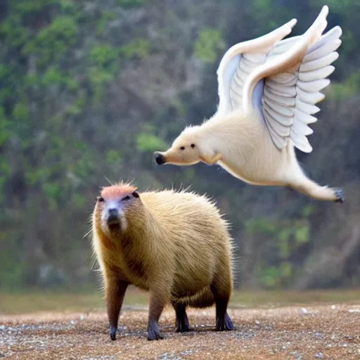 Image similar to capybara with angel wings flying in the sky