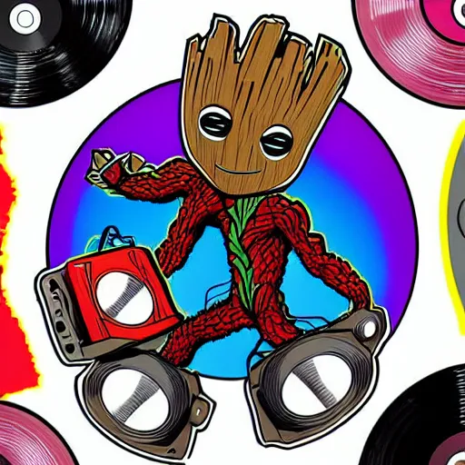 Image similar to svg sticker of a Pop-Wonder Groot-Marvel-Avenger at a rave, spinning records, giant headphones rocking out, wearing headphones, huge speakers, dancing, rave, DJ, spinning records, digital art, amazing composition, rule-of-thirds, award-winning, trending on artstation, featured on deviantart