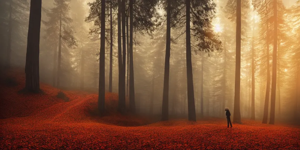 Prompt: autumnal leaves surrounded by redwood trees, by erik johansson, dustin lefevre, marco grassi, sapna reddy, ansel adams during golden hour, cinematic forest lighting, hyperdetailed, in volumetric soft glowing mist, elegant pose, movie still, real life landscape