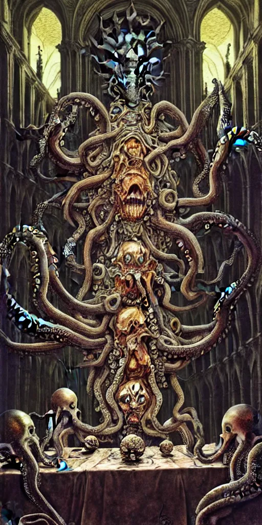 Image similar to mages with human bodies and magical armour with octopus heads sitting near the table in an ancient mage castle with enormous scale, gothic and baroque, brutalist architecture, ultradetailed, Intricate by John Howe and Josan Gonzalez and Giuseppe Arcimboldo