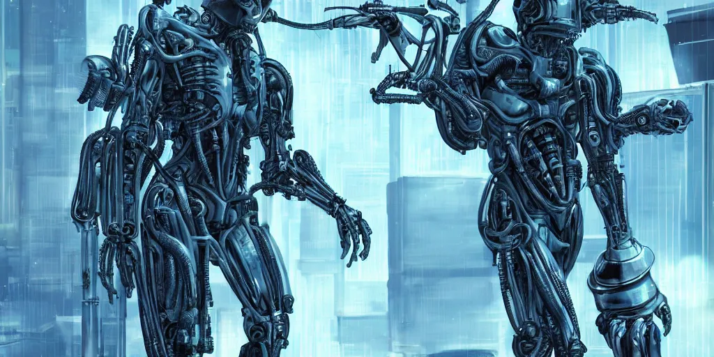 Image similar to the son of the pope as a futuristic xenomorphic cyborg, foating in a isolation cryogenic tubes, cyberpunk, biomechanical, night lighting, blue color, intricate details, hyper realistic, graphic novel color scheme