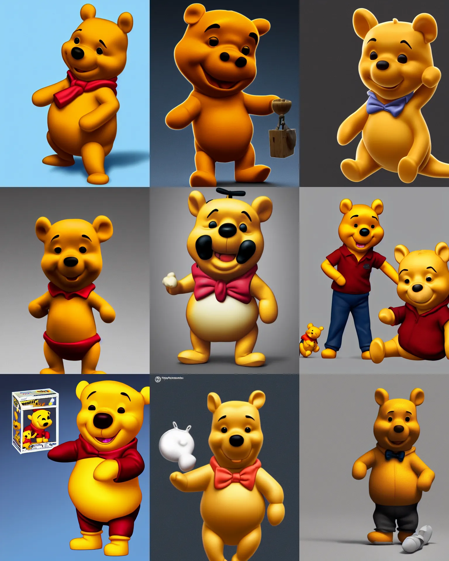 Prompt: full body 3d render of Winnie the Pooh in a business suit as a funko pop, tiny dot eyes, studio lighting, white background, blender, trending on artstation, 8k, highly detailed