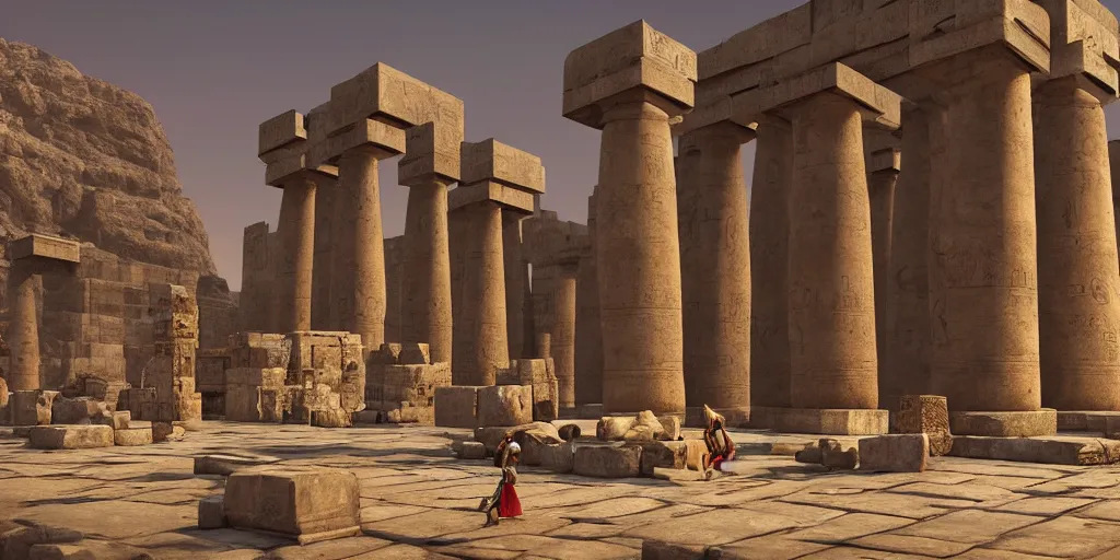 Prompt: ancient egyptian temple, sky shine epic fantasy by mark ryden and pixar and hayao miyazaki, unreal 5, daz, hyperrealistic, octane render, rpg portrait, dynamic lighting, intricate detail, harvest fall vibrancy, cinematic
