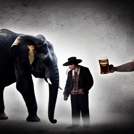 Image similar to apocalyptic, an elephant and a vampire and a magician being best friends and drinking a beer together. smoke. volumetric lighting, sharp focus, ultra detailed, cgsociety - w 1 0 2 4 - n 8 - i