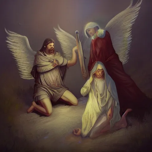 Image similar to angels protecting a praying man, by Taras Susak, Trending on artstation, deviantart