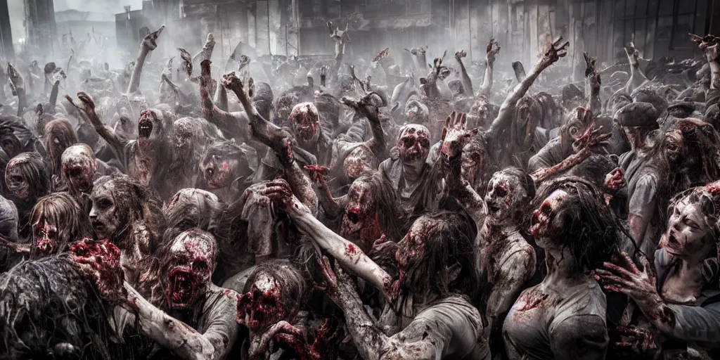 Image similar to epic scene of zombie moshpit, post-apocalyptic, post-human, dramatic, highly detailed, sharp focus, 8k, 35mm, cinematic lighting