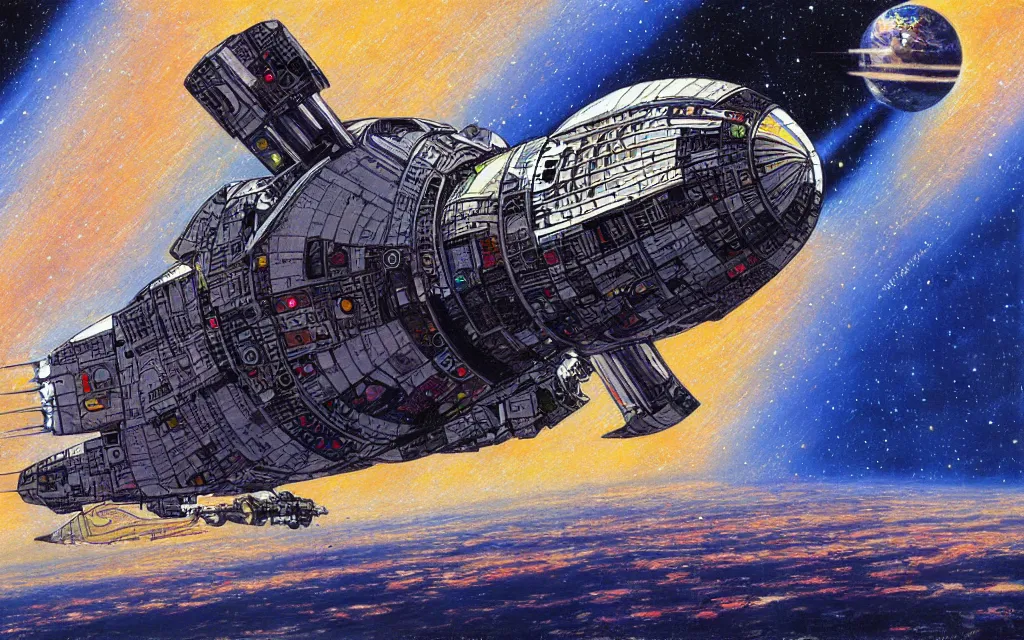 Image similar to futurist cyborg spaceship, perfect future, award winning art by alan bean, sharp color palette