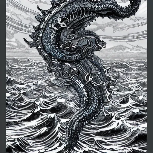 Image similar to black and white art deco style ink drawing of detailed A blue Kraken in the sea, highly detailed, fantasy art, in the style of greg rutkowski, illustration, epic, fantasy, intricate, hyper detailed, artstation, concept art, smooth, sharp focus, ray tracing