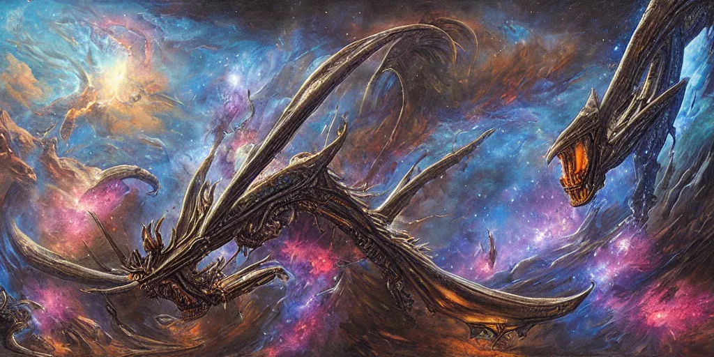 Image similar to alien dragons flying through outer space, epic nebula, asteroid belt, gothic castle, dan seagrave art