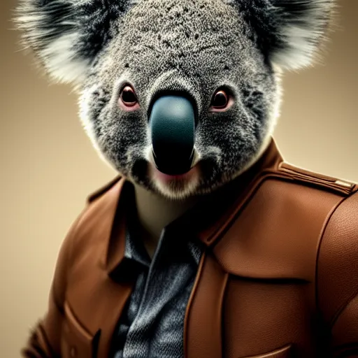 Image similar to koala in a leather jacket smoking a cigar sitting at a conference table shouting, full body shot, portrait, fantasy, beautiful face, vivid colors, elegant, concept art, sharp focus, digital art, Hyper-realistic, 4K, Unreal Engine, Highly Detailed, HD, Dramatic Lighting by Brom, trending on Artstation