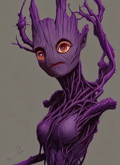 Image similar to Groot wearing a dark purple suit, elegant, digital painting, concept art, smooth, sharp focus, illustration, from StarCraft by Ruan Jia and Mandy Jurgens and Artgerm and William-Adolphe Bouguerea