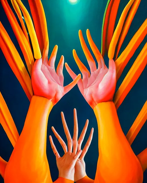 Prompt: neo-surreal high detail painting of human hands holding Birds of Paradise flowers robert steven connett dramatic orange light 8k high angle shallow depth of field