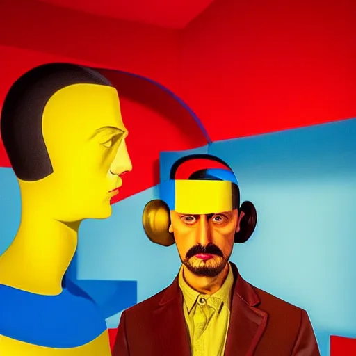 Prompt: ultra realistic portrait of cem yilmaz in a studio, ultra detailed, under blue, red and yellow cinematic lighting, salvador dali, cartoon, monument valley, escher