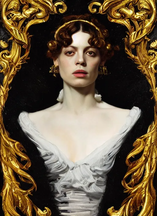 Image similar to highly detailed oil painting | very intricate | cinematic lighting | black, white and gold color scheme, dark background | decorative seamless pattern by alexander mcqueen | by roberto ferri, by gustav moreau, by singer sargent and klimt, american romanticism, occult art | by austin osman spare, artstation, cgsociety, official art, octane