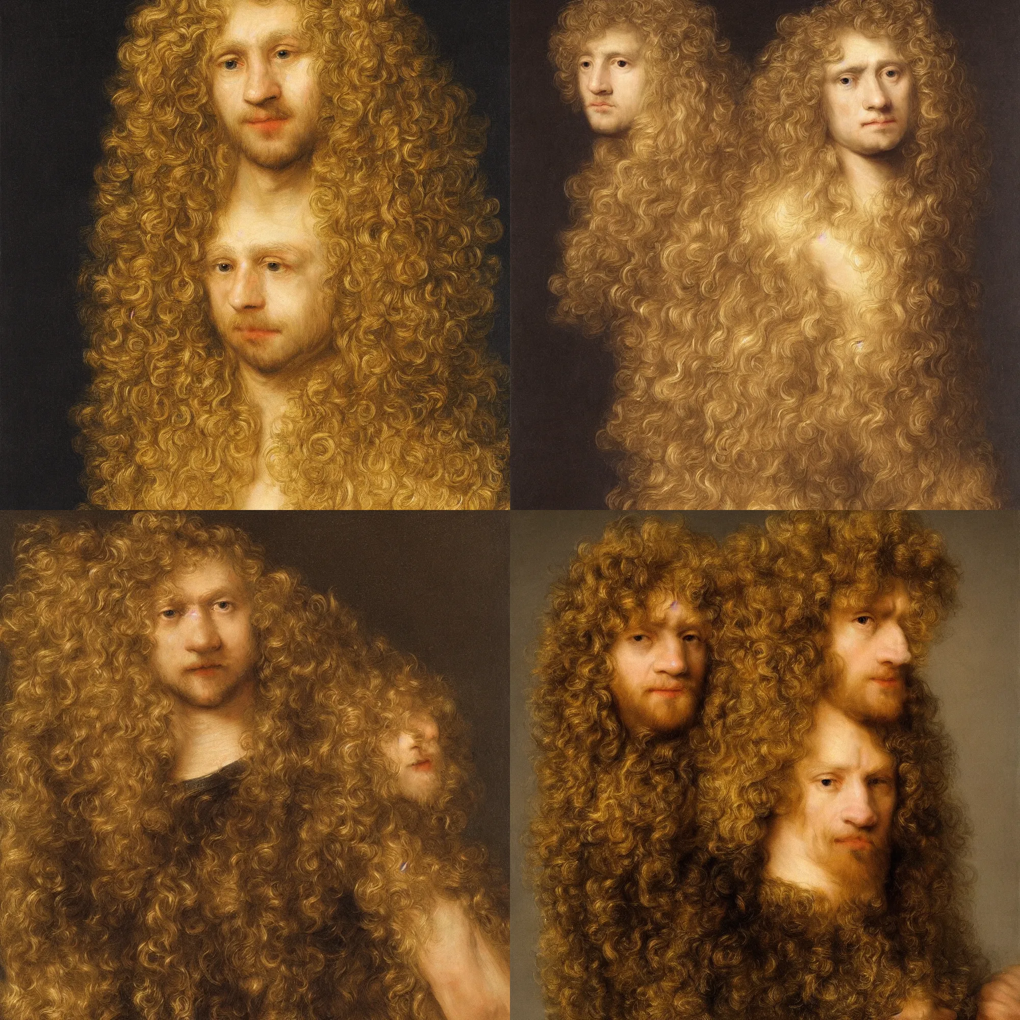 Prompt: an expensive obsidian gilded android showing off his long fluffy blond curly hair by rembrandt