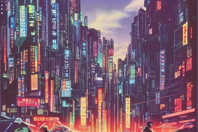 Image similar to 1979 OMNI Magazine Cover of neo-Tokyo at street level, city in cyberpunk style by Vincent Di Fate