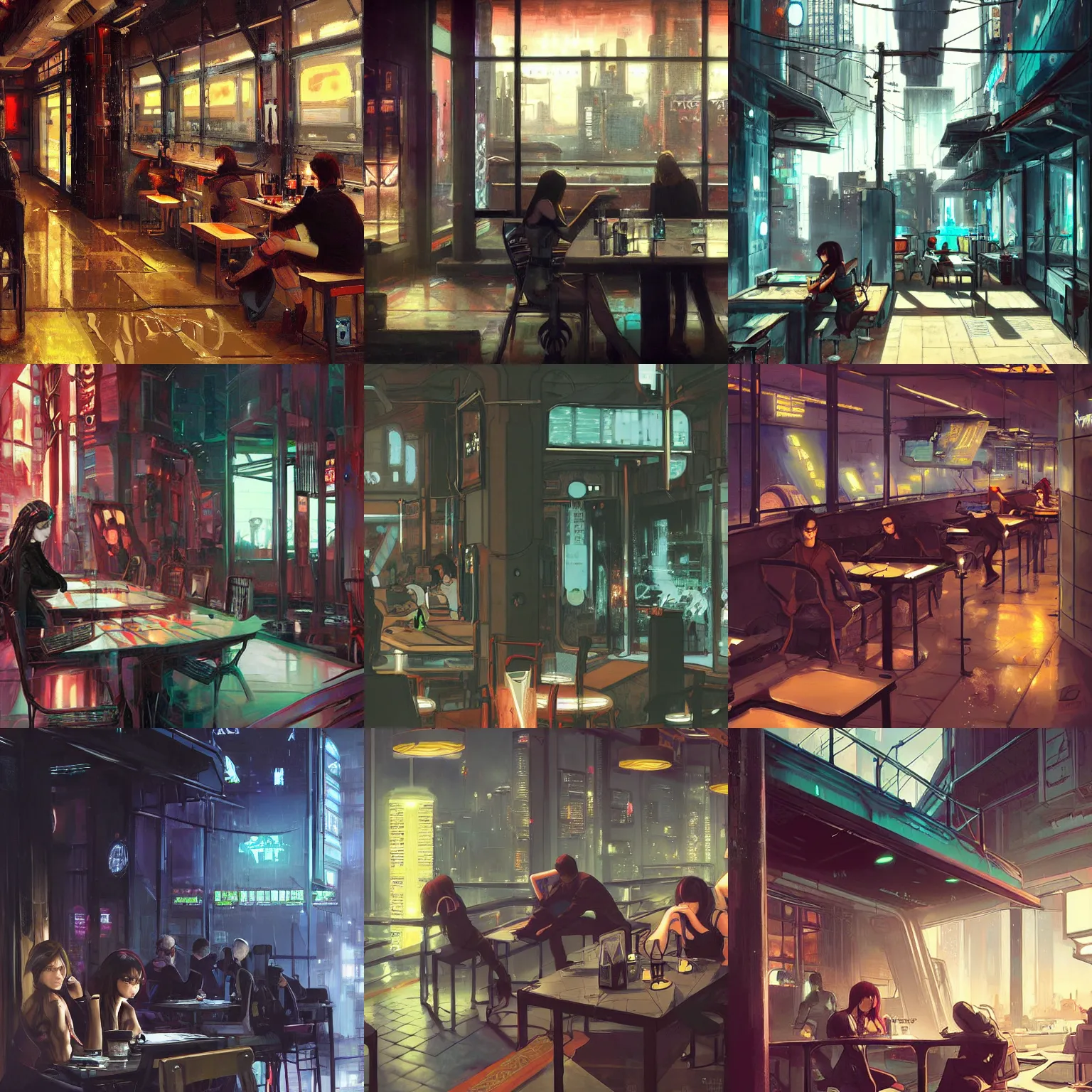 Prompt: A cyberpunk cafe painted by John William Waterhouse and Ilya Kuvshinov. HD