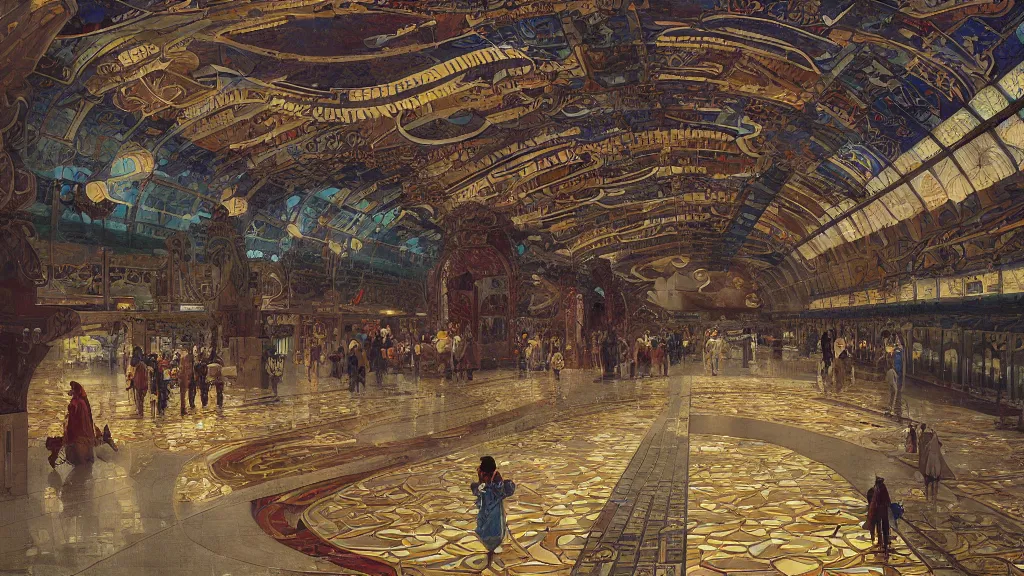 Prompt: a beautiful painting of an ornate airport designed by frank lloyd wright, with gold and mosaics, intricate, elegant, highly detailed, digital painting, artstation, concept art, by krenz cushart and artem demura and alphonse mucha