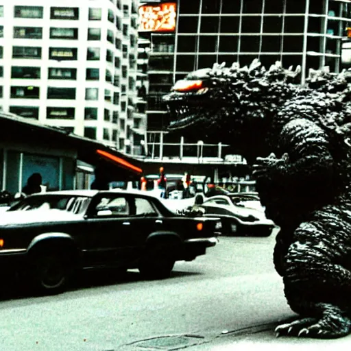 Prompt: old godzilla was hopping around tokyo city like a big playground