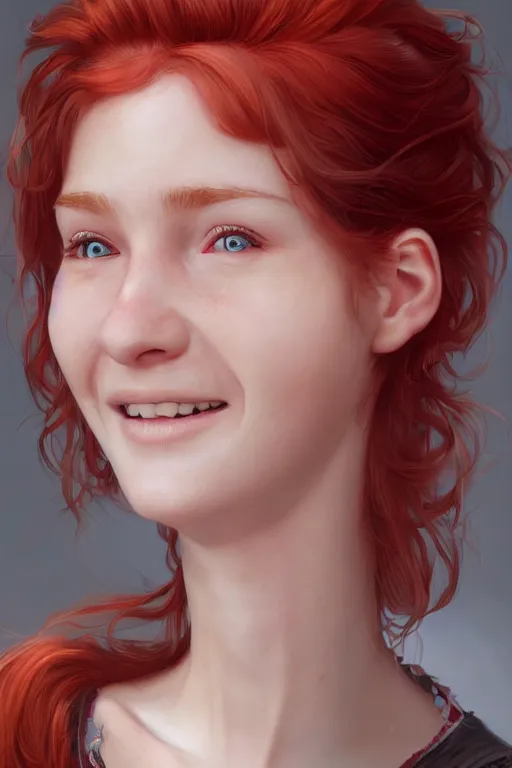 Image similar to ultra realistic style illustration of a cute red haired old teen smiling, 1 9 year old, headshot, sci - fi, fantasy, intricate, elegant, digital painting, artstation, concept art, smooth, sharp focus, illustration, 8 k frostbite 3 engine, ultra detailed, art by artgerm and greg rutkowski and magali villeneuve