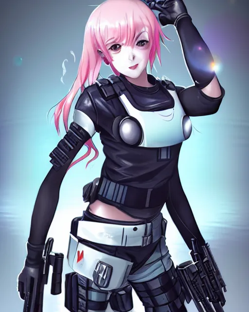 Image similar to nami, anime key visual of a young female swat officer, neon, cyberpunk, futuristic, white outfit, black swat vest, swat helmet, holding pdw, stunning, highly detailed, digital painting, smooth, soft focus, illustration, 4 k digital art from artstation by artgerm and greg rutkowski and alphonse mucha