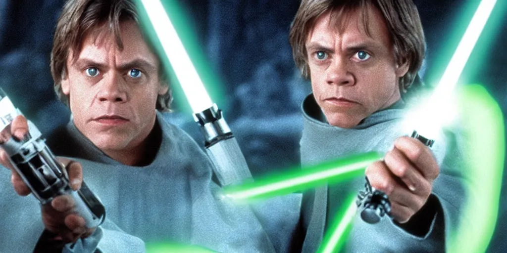 Prompt: a still from a film featuring clean shaven mark hamill as jedi master luke skywalker, holding a green lightsaber by the hilt, 3 5 mm, directed by steven spielberg, 1 9 9 4
