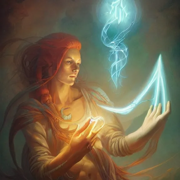 Prompt: a highly detailed beautiful portrait in the style of peter mohrbacher and in the style of jean delville. glowing rune of magical power.
