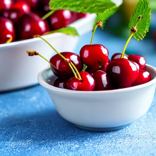 Image similar to photo realistic Few fresh cherries in kitchen
