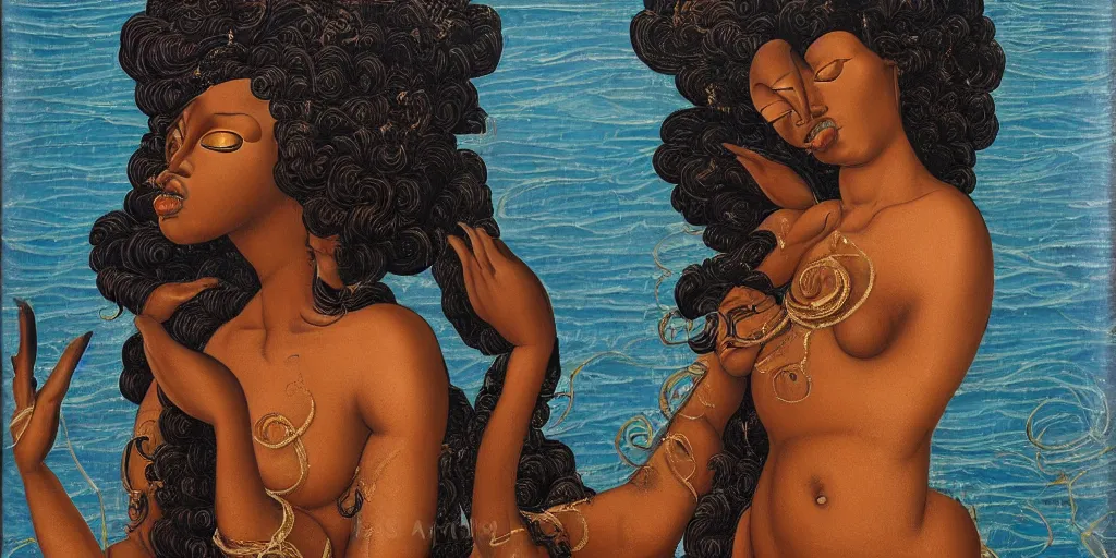 Image similar to full body painting Botticelli Black African goddess rising from the sea, in the style of Botticelli Venus
