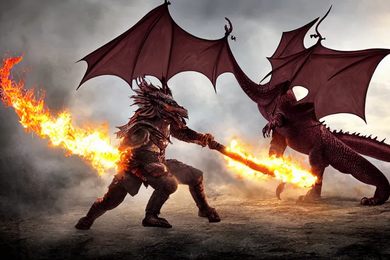 Prompt: a fire breathing dragon attacking a viking warrior